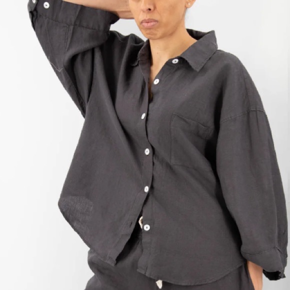 Sunday Morning Vivian Loungewear Lagenlook Button-Up Shirt 100% Linen Charcoal - Picture 11 of 11